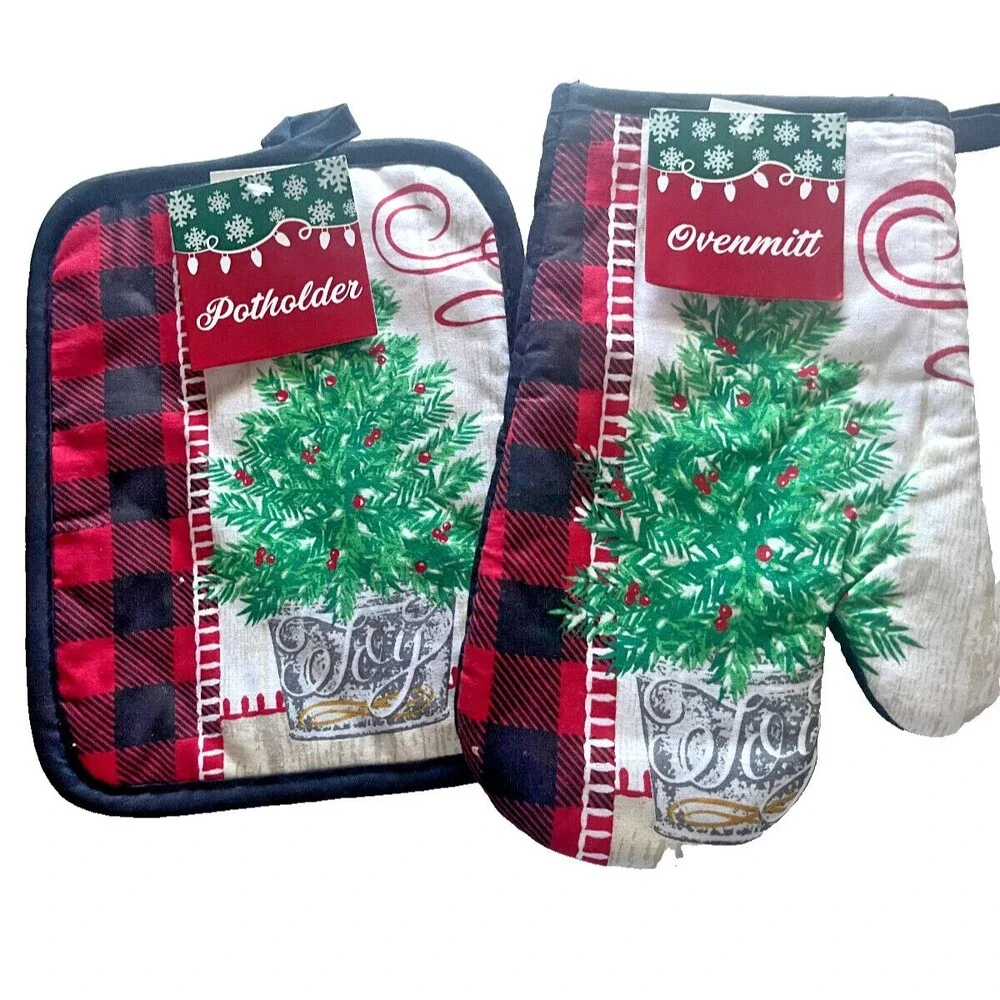 Christmas Tree Oven Mitt Potholder Set of 2 Joy Red Black Buffalo Plaid Winter